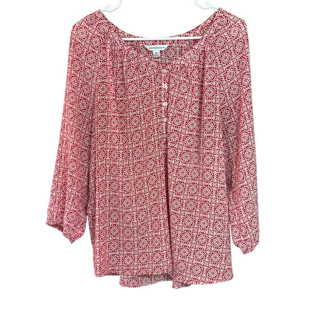 Croft & Barrow Red Floral Boho Peasant Blouse XL 3/4 Sleeve Lightweight Top